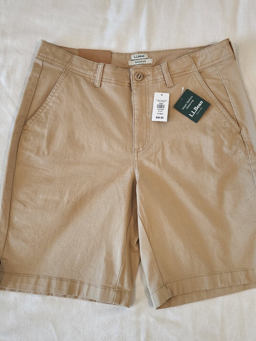 NWT L.L. Bean Lakewashed Chino Bermuda Shorts Favorite Fit Sz 12 Khaki